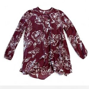 Free People Burgundy and Cream Floral Tunic Long Sleeve Top, Oversized Small